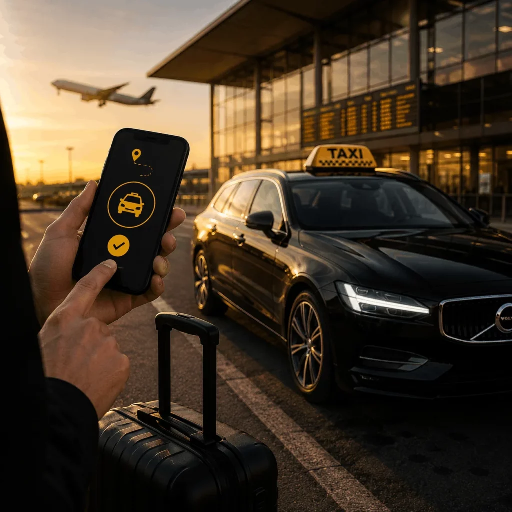 Client réservant facilement un taxi à l’aéroport de Limoges depuis son smartphone avec Taxi Alia pour un transfert gare ou aéroport.