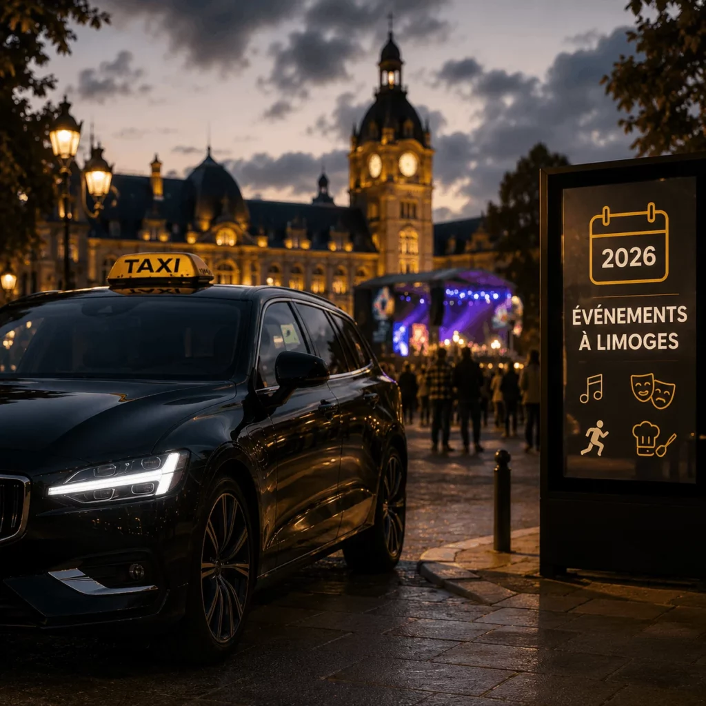 Taxi à Limoges disponible pour les événements et festivals 2026 avec réservation anticipée pour vos trajets de soirée et déplacements en ville.