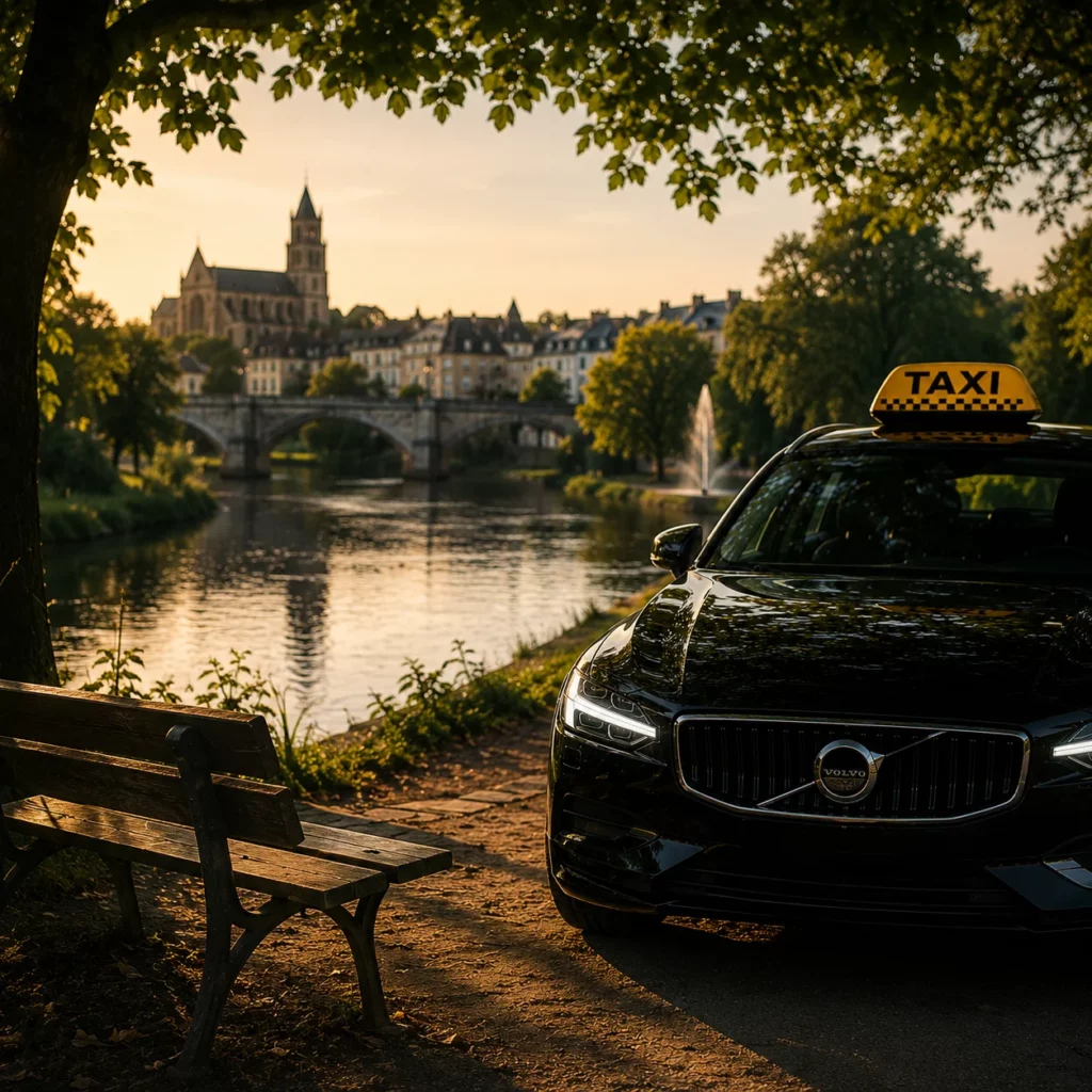 Taxi à Limoges stationné près d’un espace de fraîcheur en bord de rivière, idéal pour rejoindre les meilleurs lieux où se rafraîchir à Limoges pendant les fortes chaleurs.