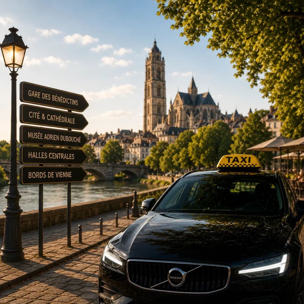 Taxi à Limoges devant les principaux sites touristiques de la ville, idéal pour visiter la gare des Bénédictins, la cathédrale Saint-Étienne, les Halles Centrales et les bords de Vienne en une journée.